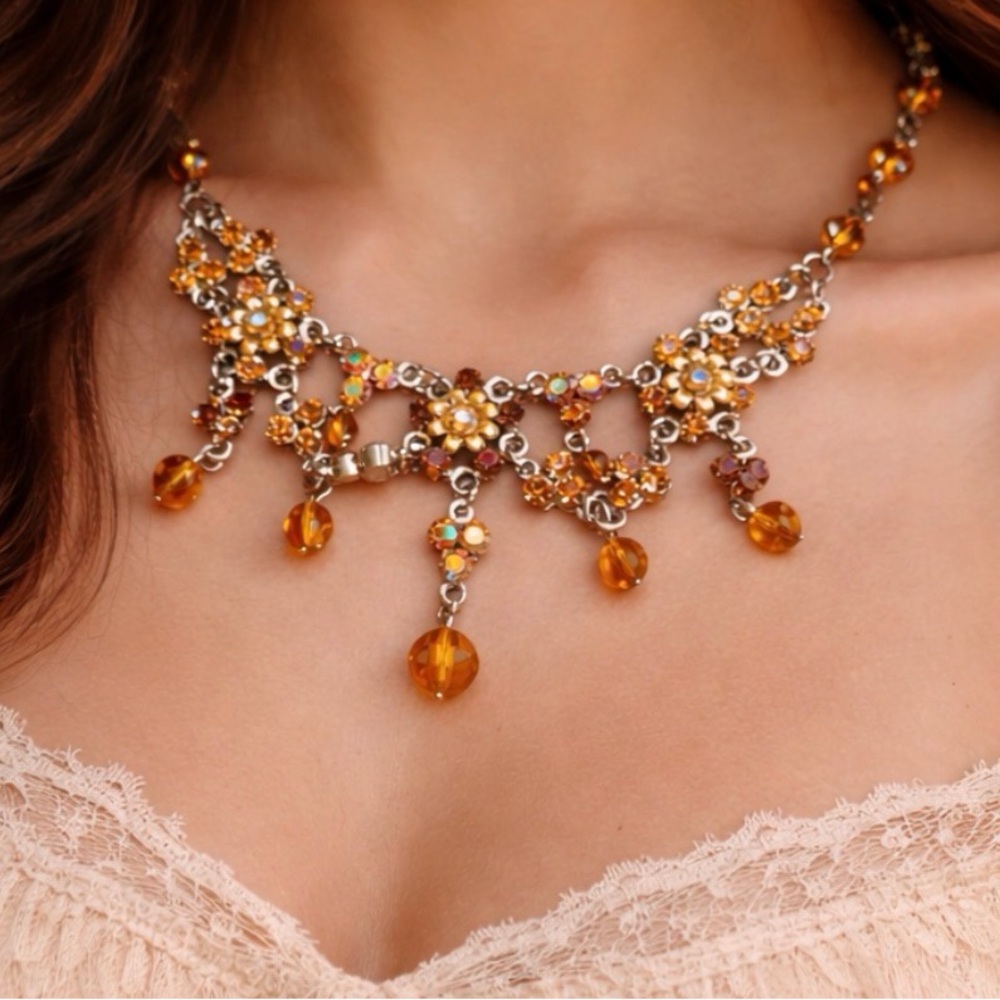 Vintage Amber Rhinestone Dangle Necklace Floral Bib 18” + 3” Extender AB Sparkle